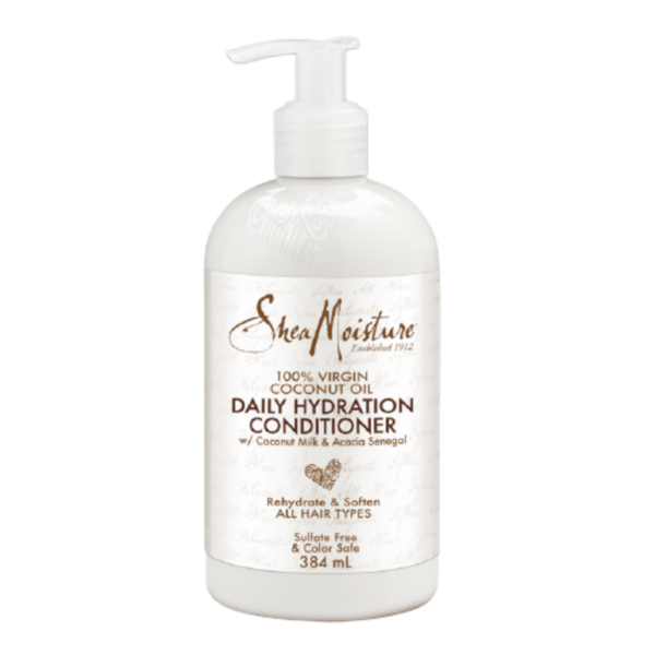 Introducing the Shea Moisture 100% Virgin Coconut Oil Daily Hydration Conditioner 384 ml, a nourishing solution for soft and hydrated hair.