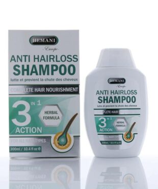 Introducing the Hemani Anti Hairloss Shampoo 3 in 1 Herbal Formula 300 ml, this shampoo is a powerful solution for combating hair loss.