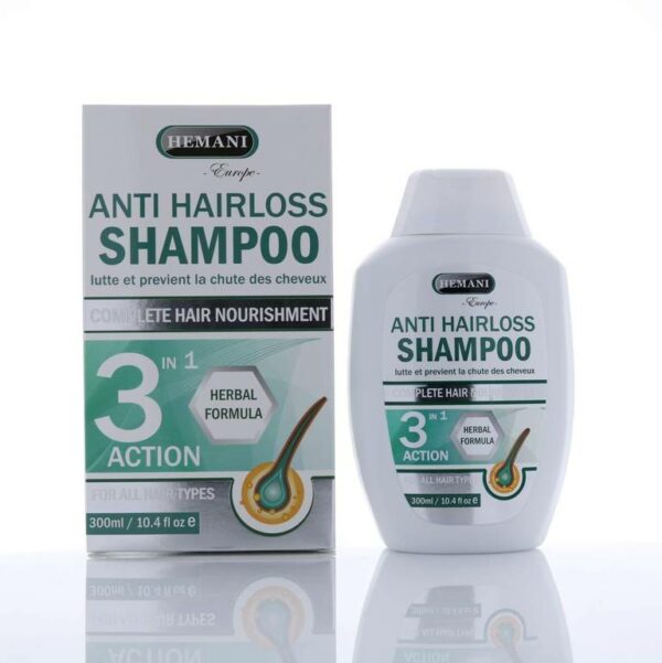 Introducing the Hemani Anti Hairloss Shampoo 3 in 1 Herbal Formula 300 ml, this shampoo is a powerful solution for combating hair loss.