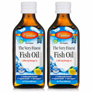 Introducing the Carlson The Very Fine Fish Oil 1600 mg Omega 3 Lemon Flavored 200 ml(2pcs), a potent and delicious way to boost your omega-3 intake.