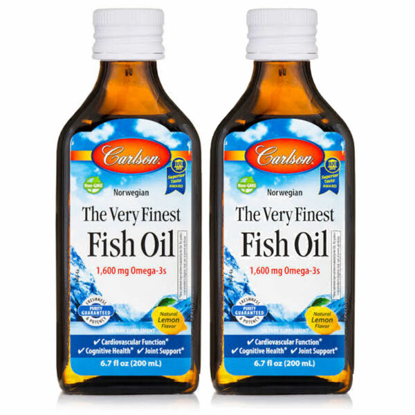 Introducing the Carlson The Very Fine Fish Oil 1600 mg Omega 3 Lemon Flavored 200 ml(2pcs), a potent and delicious way to boost your omega-3 intake.