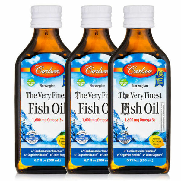 Introducing the Carlson The Very Fine Fish Oil 1600 mg Omega 3 Lemon Flavored 200 ml(3pcs), a high-quality supplement rich in omega-3 fatty acids for overall health and wellness.