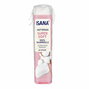 Introducing the Isana Disc Cotton Aloe vera and provitamin B5 Super Soft 60 pcs, a 100% cotton product infused with aloe vera and provitamin B5 for gentle skin care.