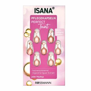 Introducing the Isana Capsule Serum Perfect Teint 7x0.38 ml, a skin care solution with argan oil and ginger extract for all skin types.