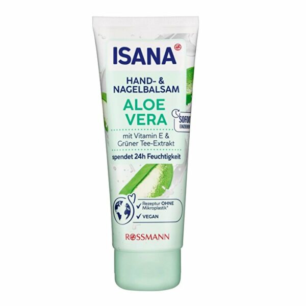 Introducing Isana Hand and Nail Cream Aloe Vera 100 ml, a skin care essential for nourished hands and healthy nails.