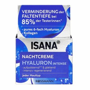 نقدم لكم كريم هيالورون الليلي المكثف من ايسانا 50 مل | Isana، كريم ليلي مرطب بالكولاجين وزبدة الشيا وزيت بذور العنب للحصول على بشرة ناعمة وحريرية.