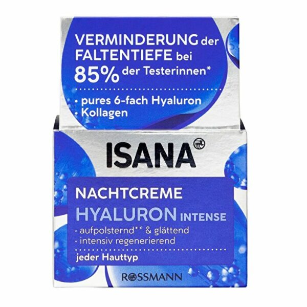 Introducing Isana Hyaluron Intense Night Cream 50 ml, a hydrating night cream with collagen, shea butter, and grape seed oil for smooth and silky skin.