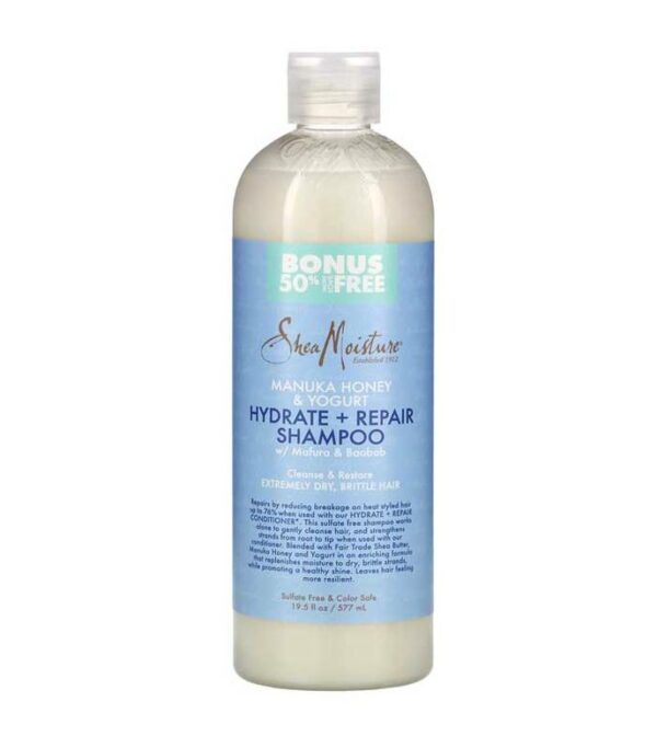 Introducing the Shea Moisture Manuka Honey & Yogurt Shampoo 577 ml. This shampoo is specially formulated to nourish and repair dry, damaged hair, leaving it feeling soft and rejuvenated.