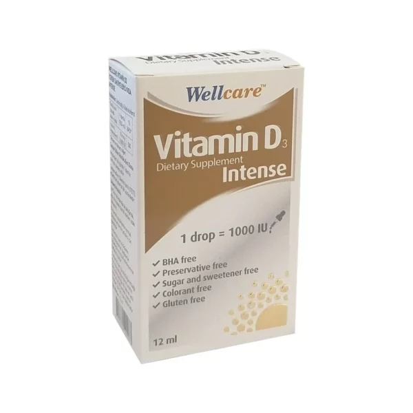 Introducing the Wellcare Vitamin D3 Dietary Supplement Intense 12 ml, a powerful addition to your health routine.