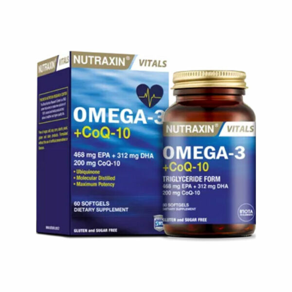 Introducing the Nutraxin Omega-3 + CoQ-10 60 Tablets Dietary Supplement, the perfect supplement for your vitamin health needs.