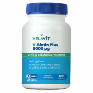 Introducing the Velavit V-Biotin Plus 5000 mcg 60 Tablets, a powerful addition to your daily health routine. Packed with essential nutrients, these tablets are designed to support overall wellness and promote healthy hair, skin, and nails.