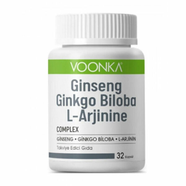 Introducing Voonka Ginseng Ginkgo Biloba L-Arginine Complex 32 Capsules, specially formulated to support overall health and well-being.