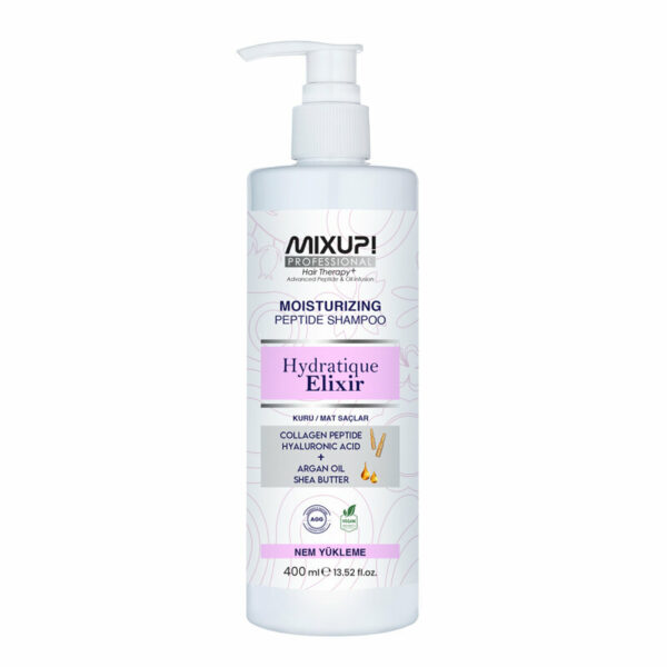 Introducing the Mixup Moisturizing Peptide Shampoo Hydratique Elixir 400 ml, a rejuvenating solution for dry and damaged hair.