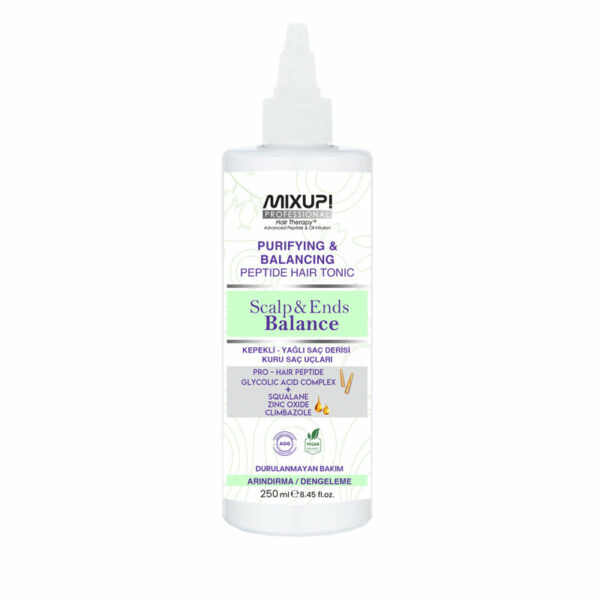 Introducing the Mixup Purifying & Balancing Peptide Hair Tonic Scalp & Ends Balance 250 ml, an essential product for balanced scalp and healthy ends.