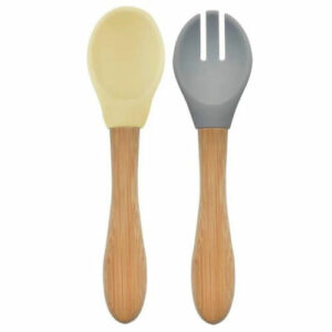 OiOi Bamboo Handle Silicone Spoon and Fork 9 Months + Mellow Yellow / Powder Gray